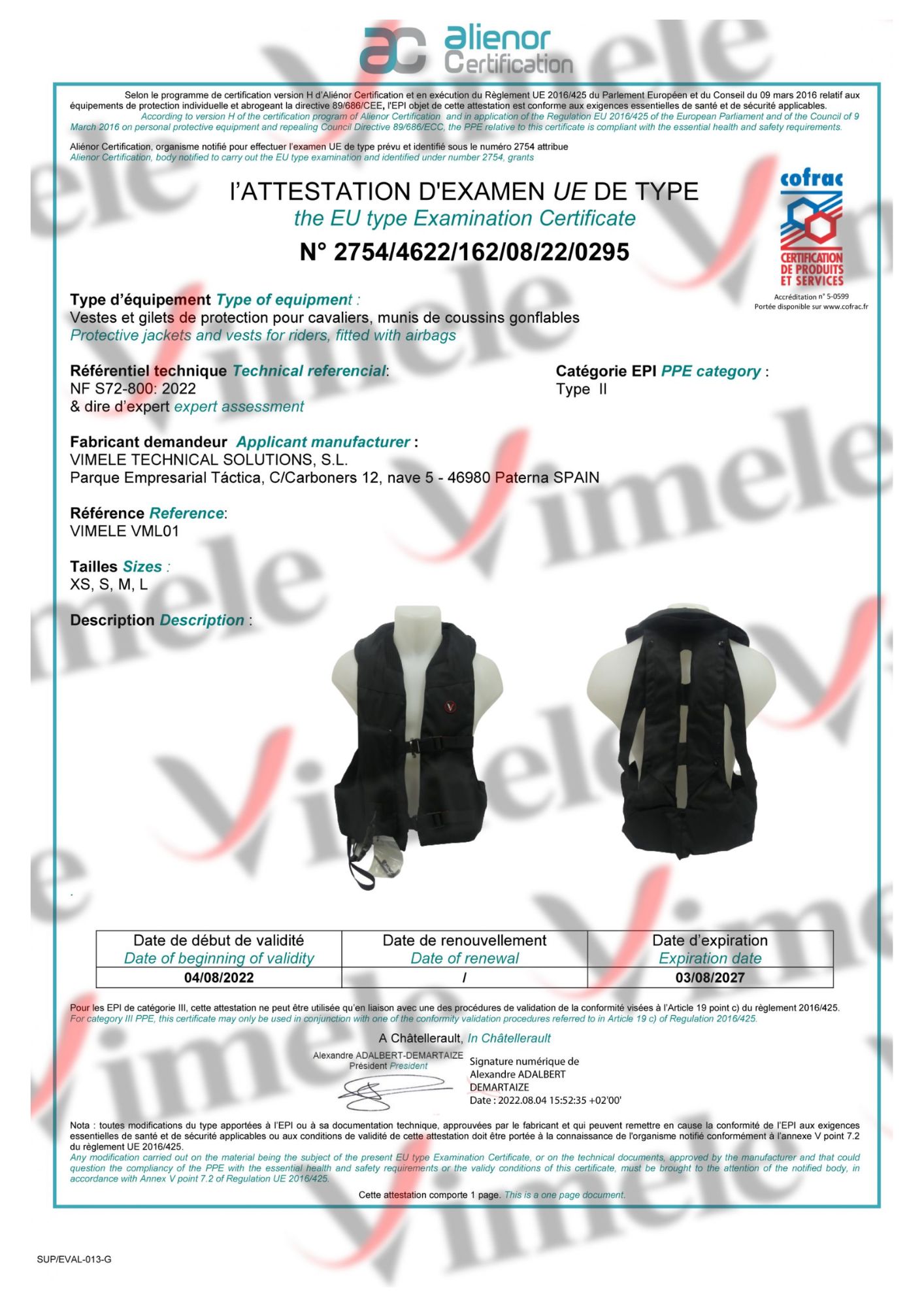 Certificado chaleco airbag homologado